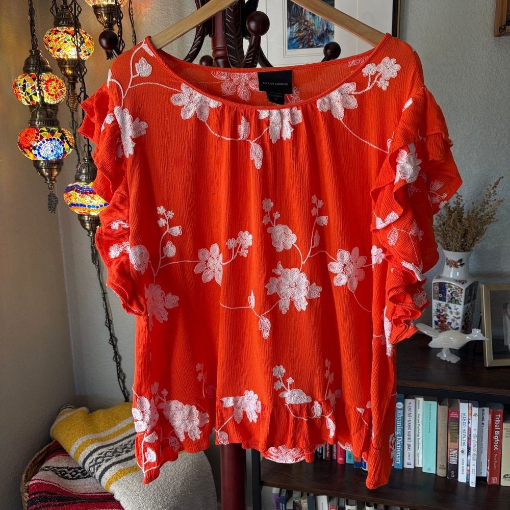 LIV Los Angeles Embroidered Boho Ruffle Sleeve Blouse 2X Coquette Resortwear